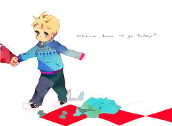 Rule 34 | 1boy, bad id, bad pixiv id, blonde hair, bow, butters stotch, child, english text, engrish text, holding hands, jacket, male focus, naoko (juvenile), pants, ranguage, simple background, sleeves past wrists, solo focus, south park, walking, white background