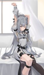 Rule 34 | 1girl, arms up, black thighhighs, blush, closed mouth, commentary, cone hair bun, cropped jacket, curtains, double bun, dress, feet out of frame, grey eyes, grey hair, hair bun, highres, hololive, hololive indonesia, indoors, jacket, long hair, long sleeves, looking at viewer, on bed, one eye closed, open clothes, open jacket, outstretched arm, over-kneehighs, pleated dress, short dress, single over-kneehigh, single sidelock, single thighhigh, sitting, solo, stretching, thigh strap, thighhighs, vakuuberi, very long hair, vestia zeta, vestia zeta (1st costume), virtual youtuber, white dress, white jacket, window