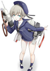 Rule 34 | 10s, 1girl, asya, beret, blonde hair, blue eyes, bottomless, cannon, clothes writing, dress, gun, hat, highres, kantai collection, long sleeves, machinery, military, military uniform, open mouth, rifle, sailor collar, sailor dress, sailor hat, short hair, silver hair, smile, smokestack, solo, torpedo, turret, uniform, weapon, z1 leberecht maass (kancolle)