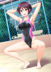 Rule 34 | 1girl, armpits, arms behind head, barefoot, black one-piece swimsuit, breasts, bush, chain-link fence, competition swimsuit, covered erect nipples, covered navel, dutch angle, fence, full body, highres, kuri (kurigohan), medium breasts, one-piece swimsuit, open mouth, original, presenting armpit, round teeth, solo, squatting, swimsuit, teeth, thighs, two-tone swimsuit, upper teeth only, window