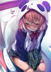 Rule 34 | 1girl, ahoge, animal ears, animal hood, black sleeves, blush, buttons, closed eyes, closed mouth, clothes lift, clothes pull, commentary request, fang, fang out, female masturbation, fumihiko (fu mihi ko), green skirt, hair between eyes, hair ornament, hairclip, highres, hood, hood up, hooded jacket, indoors, jacket, long sleeves, masturbation, nijisanji, nose blush, open clothes, open jacket, panda ears, panda hood, panties, pantyhose, pantyhose pull, pink hair, pink panties, plaid, plaid skirt, red neckwear, sasaki saku, shirt, sitting, skirt, skirt lift, solo, sweat, toilet, toilet use, trembling, underwear, virtual youtuber, white jacket