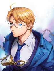 Rule 34 | 1boy, ahoge, alternate costume, alternate universe, america (hetalia), axis powers hetalia, blonde hair, blue eyes, blue suit, blurry, blurry background, chain, formal, frown, glasses, heart-shaped clock, light particles, long sleeves, looking at viewer, looking back, pocket watch, suit, to@st, watch