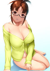 Rule 34 | 1girl, akizuki ritsuko, bare shoulders, bottomless, breasts, brown eyes, brown hair, cleavage, dragon@harry, glasses, highres, idolmaster, idolmaster (classic), large breasts, looking at viewer, naked shirt, parted lips, shirt, short hair, sitting, smile, solo