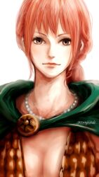 Rule 34 | 1girl, armor, bikini armor, braid, braided ponytail, breasts, brown eyes, cape, cleavage, commentary request, green cape, highres, jewelry, looking at viewer, medium breasts, necklace, one piece, pink hair, rebecca (one piece), sidelocks, simple background, smile, solo, torapunch, white background