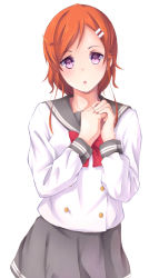 Rule 34 | 1girl, bow, bowtie, collared shirt, cowboy shot, grey sailor collar, grey skirt, hair ornament, hairclip, long sleeves, looking at viewer, love live!, love live! sunshine!!, miniskirt, open mouth, orange hair, original, own hands together, pink eyes, pleated skirt, red bow, red bowtie, sailor collar, sailor shirt, school uniform, shirt, short hair with long locks, simple background, skirt, solo, standing, uranohoshi school uniform, wakkuchin20, white background, white shirt