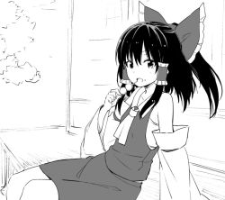 Rule 34 | 1girl, ascot, bow, cowboy shot, dango, detached sleeves, food, food on face, greyscale, hair between eyes, hair bow, hair tubes, hakurei reimu, holding, holding food, leon (mikiri hassha), long sleeves, looking at viewer, monochrome, open mouth, ponytail, sidelocks, sitting, skirt, skirt set, solo, touhou, wagashi, wide sleeves