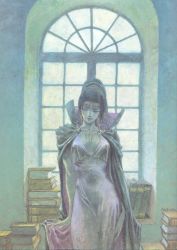 Rule 34 | 1girl, absurdres, black hair, book, breasts, cape, circlet, dress, earrings, female focus, highres, indoors, jewelry, karla (lodoss), lipstick, long hair, lots of jewelry, makeup, no bra, ponytail, record of lodoss war, scan, smile, solo, standing, window, witch, wizard, yuuki nobuteru