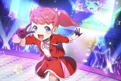 Rule 34 | 1girl, :d, audience, belt, blunt bangs, blush, bow, bule eyes, commentary request, concert, crowd, dutch angle, foreshortening, gloves, glowstick, hair bow, heart belt, highres, idol, jacket, kiratto pri chan, leg up, looking at viewer, momoyama hikari, neck ribbon, open mouth, pink bow, pink ribbon, pretty series, purple belt, purple gloves, red jacket, red skirt, ribbon, screen, shirt, skirt, smile, sparkle, spotlight, stage, stage lights, star (symbol), twintails, v, white shirt, yuzu sato