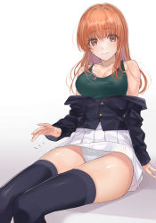 Rule 34 | 1girl, arm support, black hair, black jacket, black thighhighs, blush, bra, breasts, brown eyes, brown hair, cleavage, fingernails, girls und panzer, green bra, highres, jacket, lace, lace-trimmed panties, lace trim, long fingernails, long hair, looking at viewer, medium breasts, mexif, off shoulder, ooarai military uniform, panties, patting lap, sitting, skirt, smile, solo, takebe saori, thighhighs, thighs, underwear, white background, white panties, white skirt