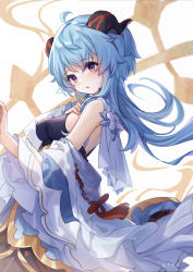 Rule 34 | 1girl, absurdres, ahoge, alternate costume, bare shoulders, blue flower, blue hair, blush, breasts, detached sleeves, flower, from side, ganyu (genshin impact), genshin impact, glaze lily, gold trim, guzangnanfeng, highres, horns, long hair, looking at viewer, low ponytail, medium breasts, parted lips, purple eyes, sideboob, solo, upper body, wide sleeves