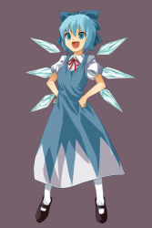 Rule 34 | 1girl, bad id, bad pixiv id, blouse, cirno, collared shirt, grey background, hair between eyes, hands on own hips, highres, irohara mitabi, open mouth, shirt, simple background, smile, solo, touhou, white shirt, yousei daisensou