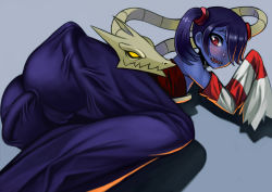 Rule 34 | 2014, anal, ass, blue background, blue hair, blue skin, blush, cameltoe, cleft of venus, clothed sex, colored skin, detached collar, detached sleeves, dress, hair over one eye, highres, kuro kemuri, leviathan (skullgirls), open mouth, red eyes, side ponytail, skullgirls, squigly (skullgirls), stitched mouth, stitches, striped sleeves