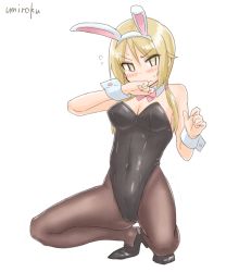 Rule 34 | 1girl, animal ears, black leotard, blonde hair, blush, bow, bowtie, brown pantyhose, detached collar, fake animal ears, flying sweatdrops, full body, ichii yui, leotard, looking at viewer, low twintails, pantyhose, pink bow, pink bowtie, playboy bunny, rabbit ears, rabbit tail, simple background, solo, squatting, strapless, strapless leotard, tail, twintails, umiroku, white background, wiping face, wrist cuffs, yellow eyes, yuyushiki