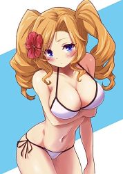 Rule 34 | 1girl, arm under breasts, bare arms, bare legs, bare shoulders, bikini, blonde hair, blue eyes, blush, breasts, cleavage, closed mouth, collarbone, cowboy shot, drill hair, flower, hair flower, hair ornament, halterneck, hibiscus, honolulu (kancolle), kantai collection, large breasts, long hair, looking at viewer, navel, red flower, revision, side-tie bikini bottom, simple background, solo, string bikini, swimsuit, twintails, unagiman, white bikini