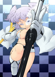 Rule 34 | 1girl, bad id, bad pixiv id, bikini, bikini top only, black rock shooter, black rock shooter (character), black rock shooter (cosplay), boots, checkered background, coat, colored eyelashes, cosplay, female focus, gloves, grey eyes, highres, leg up, letty whiterock, light trail, midriff, navel, ogihara mach, open clothes, open coat, scar, short hair, shorts, silver hair, smile, solo, swimsuit, sword, touhou, twintails, weapon