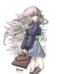 Rule 34 | 1girl, absurdres, alternate costume, arknights, arms behind back, black socks, blue eyes, blue skirt, blush, briefcase, commentary request, cropped jacket, dated, fingernails, gaoling gangqin, green shirt, highres, holding, holding briefcase, long hair, looking at viewer, looking back, mulberry (arknights), shirt, simple background, skirt, socks, solo, very long hair, white background, white hair