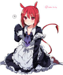 Rule 34 | 1girl, ?, animal ears, apron, arm support, bad id, bad pixiv id, blush, demon tail, dress, eyebrows, hands in opposite sleeves, ikeuchi tanuma, long sleeves, looking at viewer, maid, maid apron, neck ribbon, off shoulder, original, oversized clothes, red eyes, red hair, ribbon, shoes, short hair, simple background, sitting, solo, speech bubble, tail, twitter username, white background