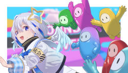 Rule 34 | 1girl, absurdres, amane kanata, angel wings, armband, blue eyes, blue hair, blue neckwear, bow, bowtie, colored inner hair, cropped jacket, fall guy, fall guys, frilled sleeves, frills, grey jacket, halo, high collar, highres, hololive, jacket, long sleeves, multicolored hair, multiple others, ooyama ryou, open mouth, pink hair, running, sailor collar, school uniform, serafuku, short hair, silver hair, streaked hair, tearing up, virtual youtuber, white wings, wide sleeves, wings