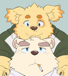 2boys animal_ears bear bear_boy bear_ears blue_eyes blush coat colored_tips cu_sith_(housamo) dog_boy dog_ears dog_nose floppy_ears furry furry_male green_jacket grey_background hashtag-only_commentary highres jacket lab_coat leib_(housamo) looking_at_another looking_down looking_up male_focus multicolored_hair multiple_boys numpla polar_bear smile smoking sweatdrop tokyo_houkago_summoners white_coat white_fur yellow_fur