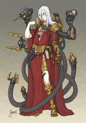 Rule 34 | 1girl, adeptus mechanicus, arm up, artificial eye, book holster, cloak, cyborg, hair over one eye, highres, jewelry, long hair, mechanical arms, mechanical legs, mechanical parts, mechanical tentacles, multiple rings, needle, red cloak, red eyes, respirator, ring, robe, science fiction, shardanic, signature, simple background, single mechanical arm, standing, warhammer 40k, white hair