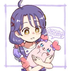 Rule 34 | 1girl, ahoge, animal, bright pupils, casual, commentary, hair ornament, hair over shoulder, hairclip, holding, holding animal, jewelry, kururun (precure), looking at another, low twintails, medium hair, orange eyes, parted lips, piku (another pikuru), precure, puffy short sleeves, puffy sleeves, purple hair, purple shirt, ring, shirt, short sleeves, smile, solo, suzumura sango, translated, tropical-rouge! precure, twintails, white pupils, x hair ornament