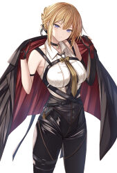 1girl bare_shoulders black_choker black_gloves black_jacket black_pants blonde_hair breasts choker collared_shirt commentary_request cowboy_shot elbow_gloves evelyn_chevalier gloves high-waist_pants highres holding holding_jacket holding_unworn_clothes jacket kanpyou_(hghgkenfany) large_breasts looking_at_viewer necktie pants parted_lips partial_commentary purple_eyes ring_hair_ornament shirt short_hair simple_background single_elbow_glove solo tight_clothes tight_pants white_background white_shirt yellow_necktie zenless_zone_zero