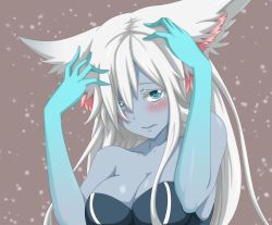 Rule 34 | 1girl, animal ears, blue eyes, blue skin, blush, breasts, colored skin, female focus, league of legends, lissandra (league of legends), long hair, simple background, snowing, solo, tagme, white hair