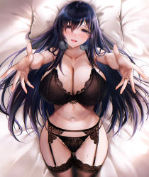 Rule 34 | 1girl, alice gear aegis, black thighhighs, blue hair, blush, bra, breasts, cleavage, highres, kagome misaki, large breasts, looking at viewer, lying, mole, mole under eye, navel, on back, on bed, open mouth, outstretched hand, panties, purple eyes, puru (ex-150), solo, thigh strap, thighhighs, thighs, underwear, underwear only