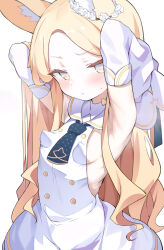 Rule 34 | 1girl, animal ears, armpits, arms behind head, arms up, backless dress, backless outfit, bare shoulders, blonde hair, blue archive, blush, breasts, buttons, detached sleeves, double-breasted, dress, forehead, halo, highres, long hair, long sleeves, looking at viewer, necktie, parted bangs, sailor collar, seia (blue archive), shimejinameko, shirt, sideboob, sidelocks, small breasts, solo, white background, white dress, white sailor collar, yellow eyes