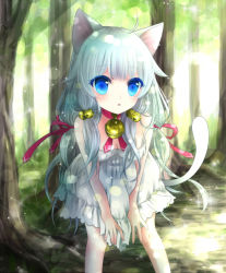 Rule 34 | 1girl, 515m, ahoge, animal ears, bell, bent over, blue eyes, cat ears, cat girl, cat tail, collar, dress, female focus, hair ornament, highres, long hair, looking at viewer, neck bell, original, parted lips, runa (kuroki mashiro), silver hair, solo, tail, tree, white dress