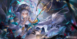 Rule 34 | 1girl, absurdres, angelfish, arknights, bare shoulders, black ribbon, chinese commentary, commentary request, dress, fish, gloves, hair between eyes, headdress, highres, irisrey, leg ribbon, long hair, looking at viewer, red eyes, ribbon, skadi (arknights), skadi the corrupting heart (arknights), skadi the corrupting heart (sublimation) (arknights), solo, very long hair, white dress, white hair
