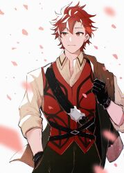 Rule 34 | 1boy, black gloves, collared shirt, diamant (fire emblem), fire emblem, fire emblem engage, gloves, highres, looking to the side, male focus, nintendo, red eyes, red hair, red vest, shirt, sleeves rolled up, solo, upper body, vest, white shirt, yoi0763