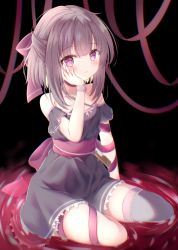 Rule 34 | 1girl, bare shoulders, black dress, blush, bow, brown hair, choker, closed mouth, commentary request, copyright request, criss-cross halter, dress, grey thighhighs, hair bow, halterneck, hand on own face, hand up, highres, liuliu, off-shoulder dress, off shoulder, pink bow, purple eyes, red choker, red ribbon, ribbon, short sleeves, single thighhigh, sitting, smile, solo, thighhighs, virtual youtuber, yokozuwari