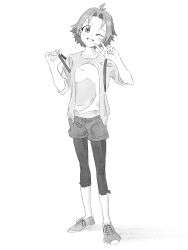 Rule 34 | 1girl, antenna hair, blush stickers, collarbone, curtained hair, flapper shirt, full body, greyscale, grin, hands up, head tilt, highres, layered shirt, leggings under shorts, looking at viewer, monochrome, one eye closed, piezo, sasahara yuuka, shirt, shoes, short hair, shoulder strap, simple background, smile, sneakers, solo, standing, strap pull, v, yama no susume