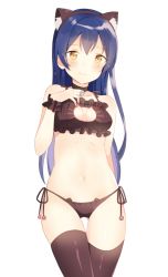 Rule 34 | 10s, 1girl, animal ears, bell, black bra, black thighhighs, blue hair, blush, bra, breasts, cat cutout, cat ear panties, cat ears, cat lingerie, choker, cleavage, cleavage cutout, clothing cutout, hitsukuya, jingle bell, long hair, looking at viewer, love live!, love live! school idol project, meme attire, navel, neck bell, panties, side-tie panties, simple background, small breasts, solo, sonoda umi, thighhighs, underwear, underwear only, white background, yellow eyes
