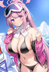 Rule 34 | 1girl, absurdres, bikini, black bikini, blue archive, blush, breasts, cleavage, cowboy shot, day, eimi (blue archive), eimi (swimsuit) (blue archive), goggles, goggles on head, groin, halo, highres, jacket, large breasts, long hair, long sleeves, looking at viewer, navel, official alternate costume, open clothes, open jacket, out-of-season outfit, outdoors, parted lips, pink eyes, pink hair, pink halo, pink jacket, ponytail, scarf, shovel, snow, snowman, solo, suiroh (shideoukami), swimsuit, white scarf, winter out-of-season outfit