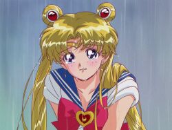 1girl bishoujo_senshi_sailor_moon blonde_hair blue_eyes blue_sailor_collar blush bow brooch choker circlet crescent double_bun earrings hair_bun heart heart_brooch jewelry long_hair magical_girl rain red_bow red_choker sailor_collar sailor_moon sailor_senshi_uniform solo tearing_up tsukikiba_ron twintails