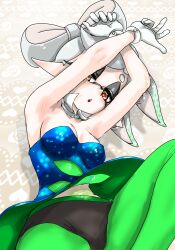 1girl armpits arms_up black_panties blue_dress bow-shaped_hair breasts brown_background chestnut_mouth commentary crossed_wrists detached_collar dress eyeshadow gloves gradient_hair green_hair green_pantyhose grey_eyeshadow half-closed_eyes highres inkling koharu2.5 light_blush looking_at_viewer makeup marie_(splatoon) medium_breasts midriff multicolored_hair navel nintendo open_mouth panties panties_over_pantyhose pantyhose pink_pupils pointy_ears pointy_nose splatoon_(series) star-shaped_pupils star_(symbol) strapless strapless_dress swept_bangs symbol-shaped_pupils teeth tentacle_hair translucent underwear upper_teeth_only upskirt white_gloves white_hair yellow_eyes