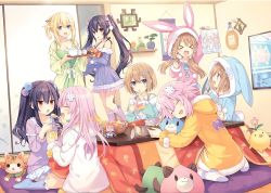 Rule 34 | 6+girls, black hair, blanc (neptunia), blonde hair, blue eyes, book, braid, breasts, brown hair, cup, d-pad, d-pad hair ornament, dogoo, flat chest, french braid, friends, garter straps, hair ornament, hair ribbon, highres, long hair, medium breasts, multiple girls, nepgear, neptune (neptunia), neptune (series), noire (neptunia), official art, open mouth, purple eyes, purple hair, ram (neptunia), red eyes, ribbon, rom (neptunia), short hair, siblings, sisters, smile, socks, source request, striped clothes, striped legwear, striped socks, thighhighs, third-party source, tsunako, tsundere, twins, twintails, two side up, uni (neptunia), vert (neptunia), very long hair