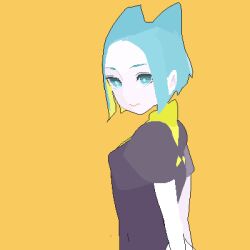 Rule 34 | 1girl, animal ears, arms behind back, bad id, bad pixiv id, black shirt, blue eyes, blue hair, character request, closed mouth, copyright request, long bangs, looking at viewer, lowres, sentakki, shirt, short hair, short sleeves, simple background, solo, solo focus, upper body