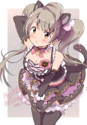 Rule 34 | 1girl, animal ears, arm behind head, arm up, black camisole, black gloves, black skirt, black thighhighs, blush, breasts, brown eyes, brown hair, camisole, cat ears, cat tail, character name, cleavage, dated, elbow gloves, fake animal ears, fake tail, gloves, grey background, happy birthday, highres, long hair, love live!, love live! school idol project, medium breasts, minami kotori, sen (sen0910), skirt, solo, tail, thighhighs, twintails, two-tone background, very long hair, white background