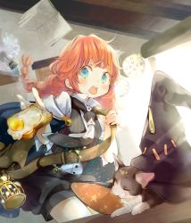 Rule 34 | 1girl, aqua eyes, bag, black shorts, book, braid, braided ponytail, brown bag, buckle, buttons, cat, collared shirt, d:, fried egg, fried egg on toast, hat, holding strap, kuga tsukasa, light blush, light particles, long hair, looking at viewer, one eye closed, open book, open mouth, orange hair, original, pentagram, plate, ponytail, salt, salt shaker, shirt, short sleeves, shorts, sitting, solo, striped clothes, striped vest, sunlight, teeth, toast, upper teeth only, vest, white shirt, witch, witch hat