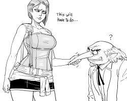 Rule 34 | 1boy, 1girl, ?, absurdres, bald, bb (baalbuddy), bob cut, breasts, cleavage, closed mouth, grin, hetero, highres, igor (persona), jill valentine, large breasts, long nose, nose grab, old, old man, persona, pointy ears, resident evil, resident evil 3, resident evil 3: nemesis, simple background, smile, suspenders, white background