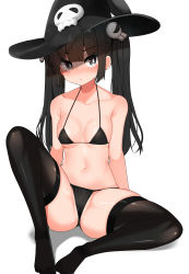 Rule 34 | 1girl, absurdres, armpit crease, ass, bad id, bad pixiv id, bare arms, bare shoulders, bikini, black bikini, black eyes, black hair, black hat, black thighhighs, breasts, collarbone, hair ornament, halterneck, hat, highres, knee up, long hair, looking at viewer, maplestory, medium breasts, navel, no shoes, partially visible vulva, shaded face, sidelocks, simple background, sitting, skull, solo, stomach, string bikini, swimsuit, thighhighs, thighs, twintails, w.k, white background, witch hat