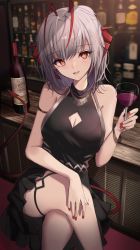 Rule 34 | 1girl, :d, alcohol, antenna hair, arknights, arm strap, bar (place), bare shoulders, black dress, bottle, bracelet, breasts, cleavage, cleavage cutout, clothing cutout, commentary, crossed legs, cup, demon girl, demon horns, demon tail, dress, drinking glass, english commentary, english text, feet out of frame, highres, holding, holding cup, horns, indoors, jewelry, large breasts, looking at viewer, multicolored hair, nail polish, open mouth, red eyes, red hair, red nails, revision, short hair, silver hair, sitting, sleeveless, sleeveless dress, smile, solo, stratoz, tail, thigh strap, two-tone hair, w (arknights), wine, wine bottle, wine glass