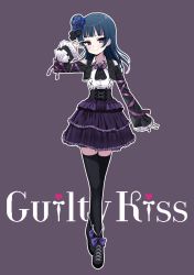 Rule 34 | 1girl, arm ribbon, ascot, black ascot, black corset, black footwear, black jacket, black nails, black thighhighs, blue flower, boots, bow, brooch, clothing cutout, collared shirt, corset, cropped jacket, cross-laced footwear, deadnooodles, flower, frilled skirt, frilled sleeves, frills, full body, gothic lolita, group name, guilty kiss (love live!), hair bun, hair flower, hair ornament, heart, highres, jacket, jewelry, layered skirt, lolita fashion, long hair, long sleeves, looking at viewer, love live!, love live! school idol festival, love live! sunshine!!, nail polish, outline, purple background, purple bow, purple eyes, purple ribbon, purple skirt, ribbon, shirt, shoulder cutout, side bun, simple background, single side bun, skirt, smile, solo, thighhighs, tsushima yoshiko, v over eye, white outline, white shirt