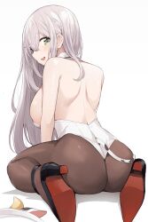 Rule 34 | 1girl, animal ears, ass, black pantyhose, breasts, cow ears, cow tail, detached collar, fake animal ears, fake tail, green eyes, high heels, highres, hololive, large breasts, leotard, long hair, looking back, mou tama maru, open mouth, pantyhose, shirogane noel, simple background, sitting, smile, solo, tail, virtual youtuber, white background, white hair