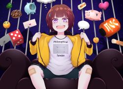 Rule 34 | 1girl, bandaid, bandaid on knee, bandaid on leg, bell pepper, brown hair, carrying, chikuwa, clothes writing, dice, doughnut, english text, feet out of frame, food, heart, kayari buta, lantern, letter, looking at viewer, open mouth, original, pepper, piggyback, print shirt, purple eyes, shirt, short hair, sitting, smile, smiley face, solo, speech bubble, thought bubble, white shirt, yajirushi (chanoma)