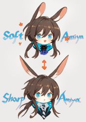 Rule 34 | 1girl, :d, :o, amiya (arknights), animal ear fluff, animal ears, arknights, arrow (symbol), blue eyes, blush, english text, grey background, grey necktie, highres, long hair, looking at viewer, multiple views, necktie, open mouth, ponytail, portrait, rabbit ears, sidelocks, simple background, smile, spacelongcat, striped necktie, v-shaped eyebrows