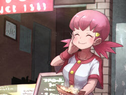 Rule 34 | 1girl, blush, buttons, chewing, closed eyes, collarbone, creatures (company), dango, eating, eyelashes, food, food in mouth, game freak, hair ornament, hairclip, hand on own face, happy, holding, holding food, kotobukkii (yt lvlv), nintendo, outdoors, pink hair, pokemon, pokemon hgss, shirt, short hair, short sleeves, sign, smile, solo, storefront, upper body, wagashi, white shirt, whitney (pokemon)